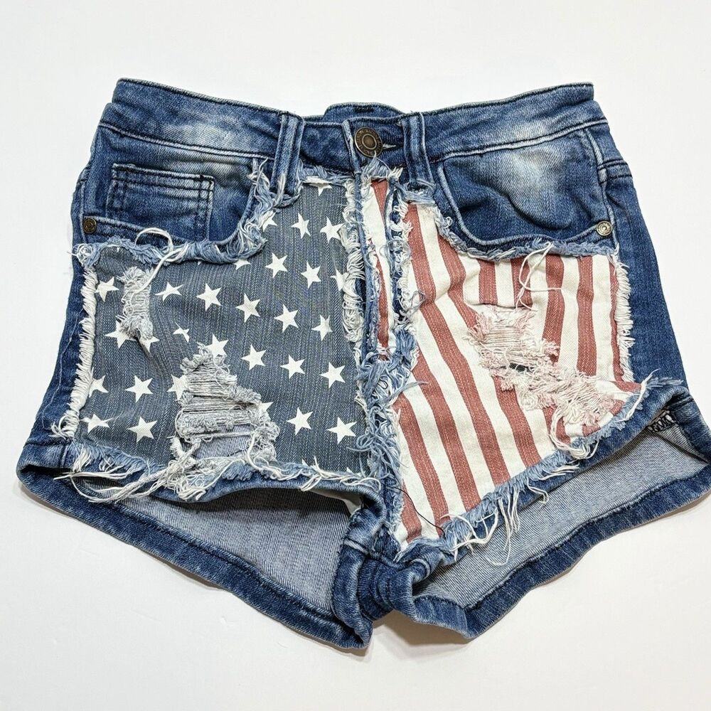 Machine Nouvelle Shorts Women's 26 Distressed High Waist USA Flag 4th of July